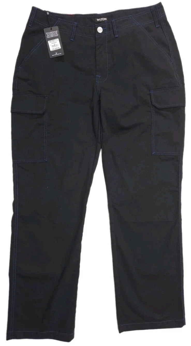 True Religion Cargo Pants Men's 36x32 Black w Blue Stitching MSRP $164